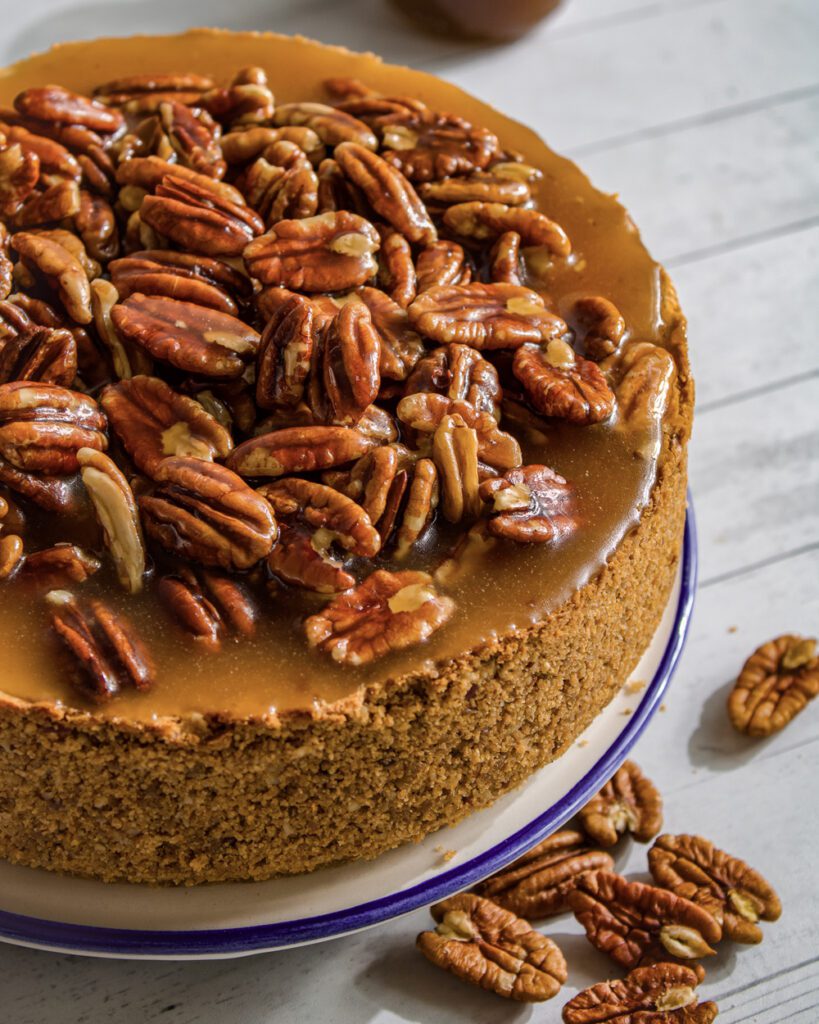 how to make creamy eggless Caramel Pecan Cheesecake