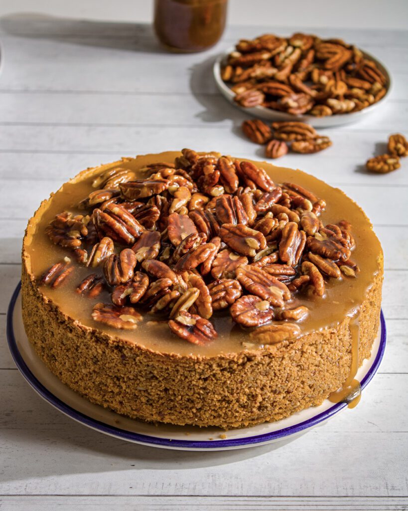 how to make creamy eggless and vegan Caramel Pecan Cheesecake