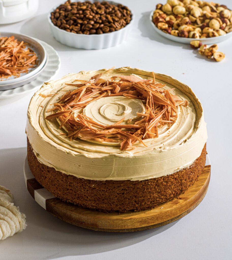 Hazelnut Coffee Cake eggless and dairyfree on a cake stand