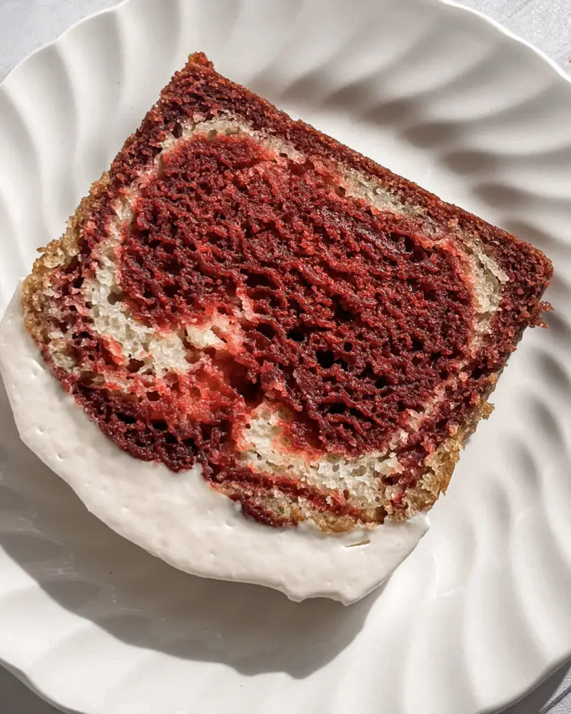 Red Velvet Loaf Cake on a plate for the holidays