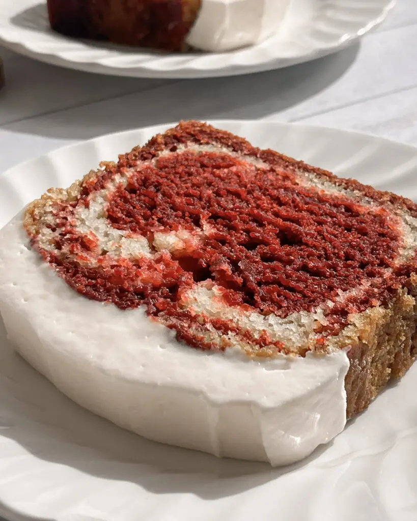 Red Velvet Loaf Cake on a plate
