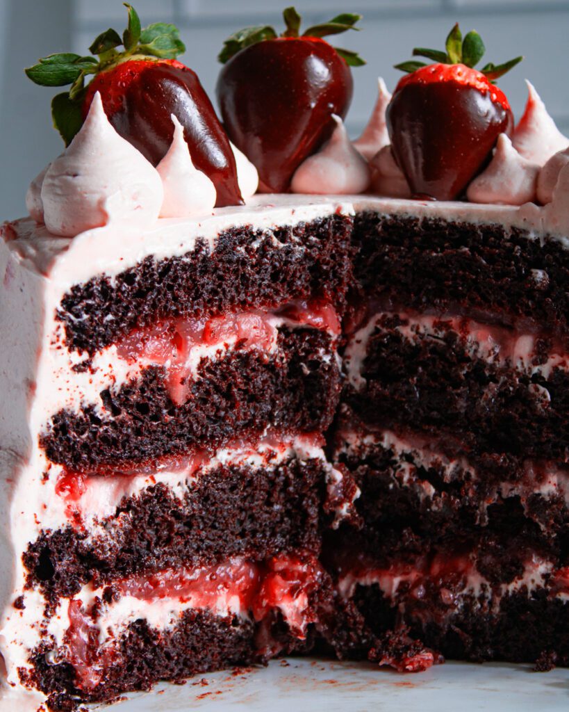 Chocolate strawberry cake with soft layers and berry filling