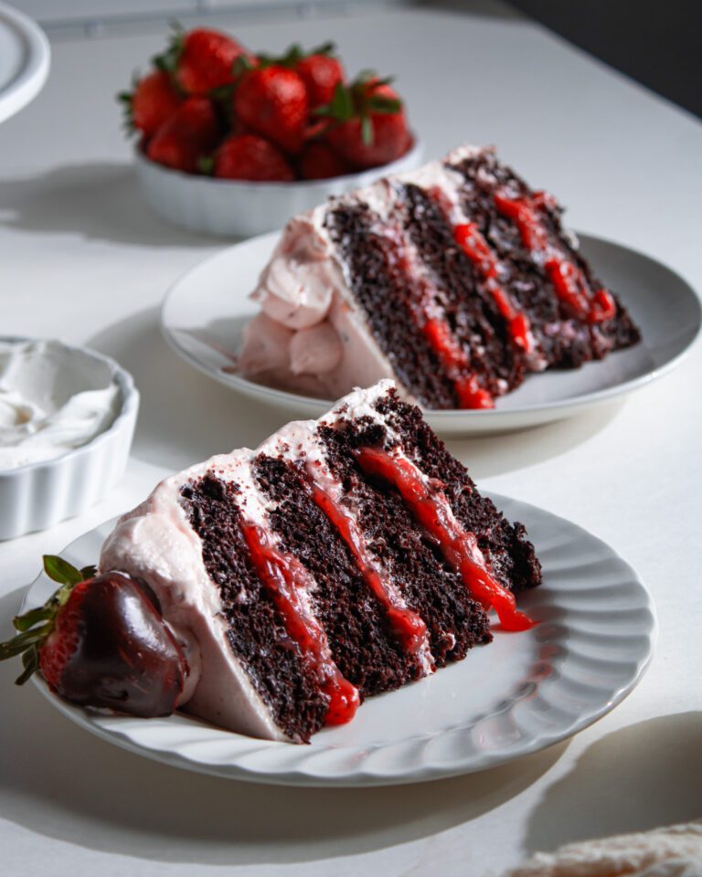 Dairy free chocolate strawberry cake with fresh strawberry filling