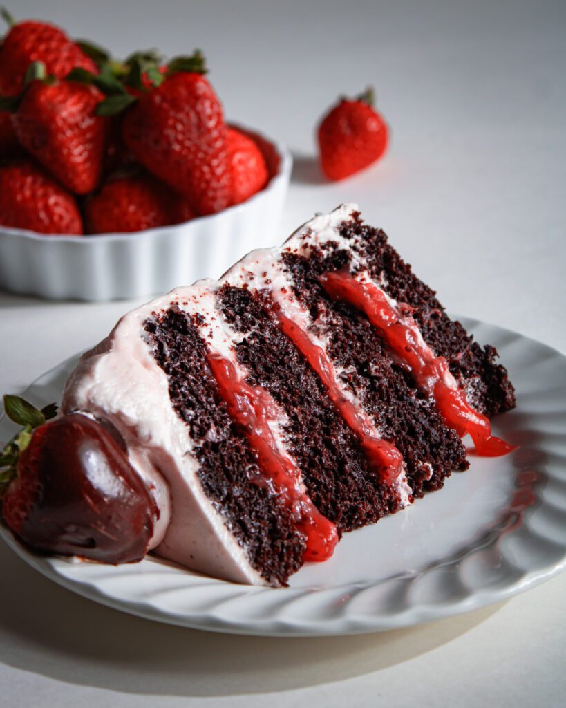 Eggless chocolate strawberry cake with strawberry cream cheese frosting