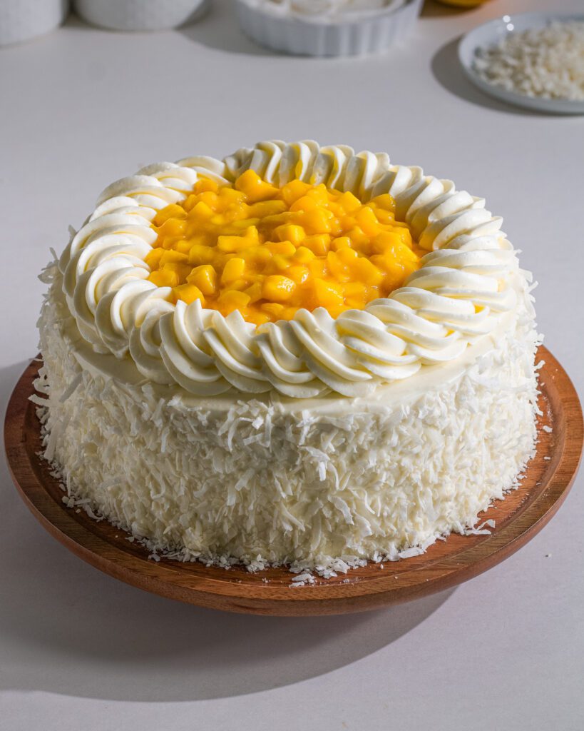 mango coconut cake using fresh mangoes and coconut milk