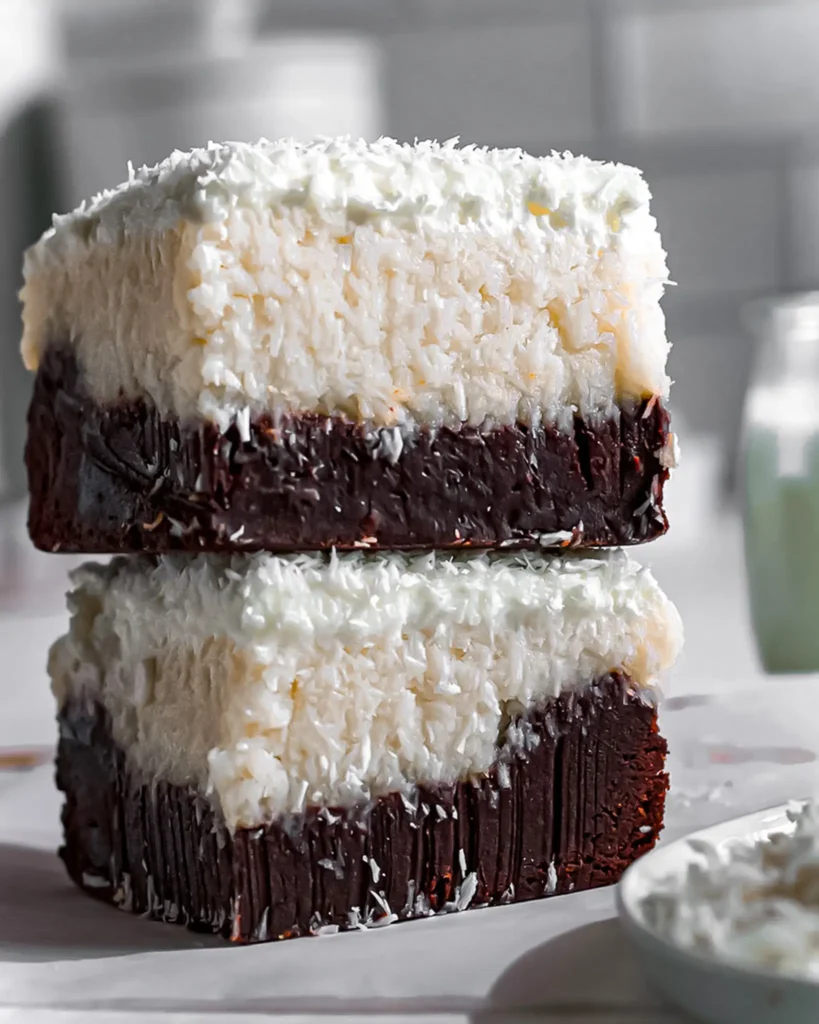 Close-up of coconut layer brownie slice