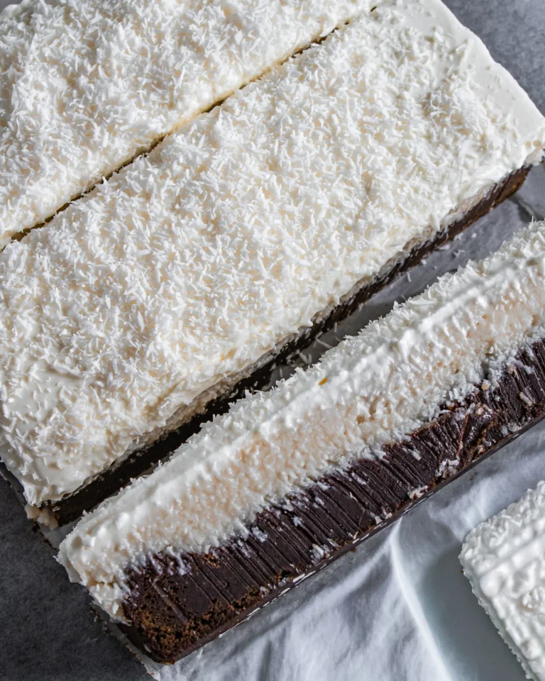 Close-up of coconut layer brownie slice