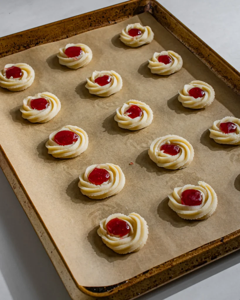 Jam Filled Butter Cookies piped on a baking tray