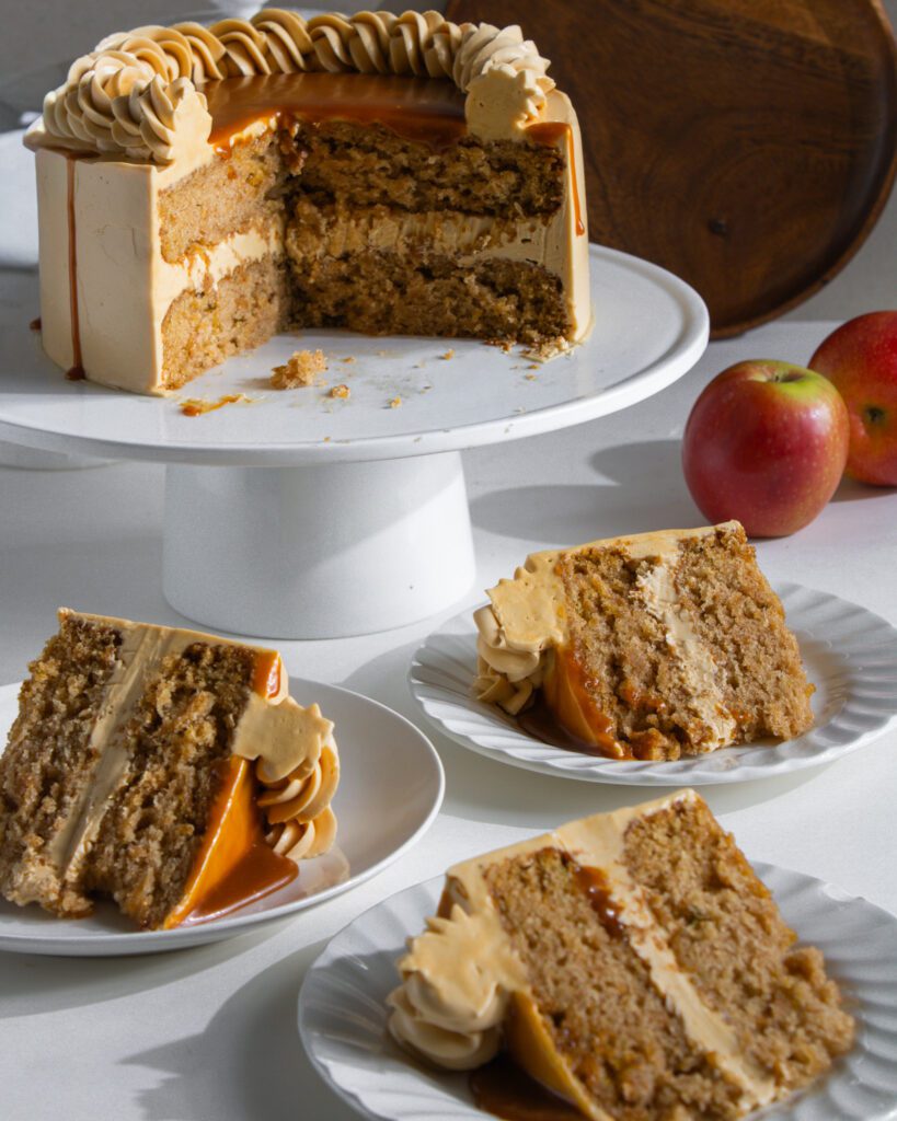 eggless apple cake with thick caramel buttercream filling