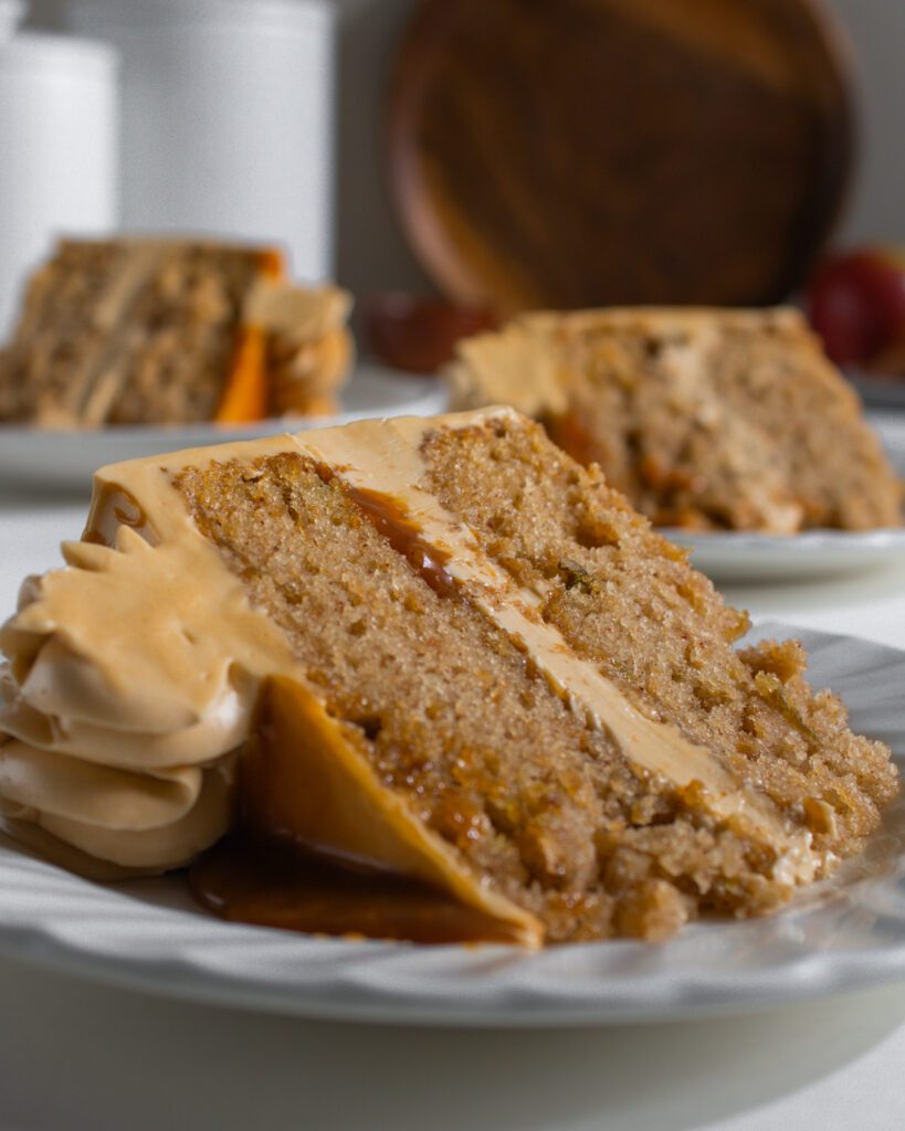 fall dessert eggless apple cake with caramel frosting