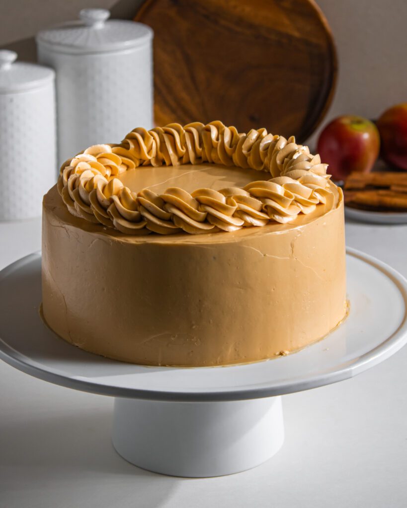 moist eggless apple cake with homemade caramel frosting