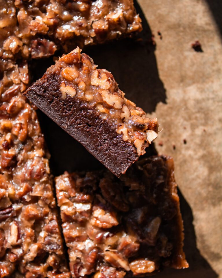 slice of eggless and vegan Pecan Pie Brownies