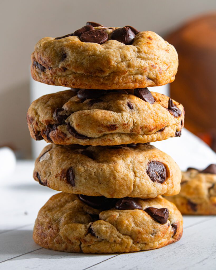 stack of Thick NYC Levain bakery Chocolate Chip Cookies (Eggless & Vegan-Friendly)
