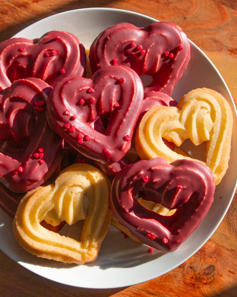Chocolate-dipped heart-shaped cookies for Valentine’s Day