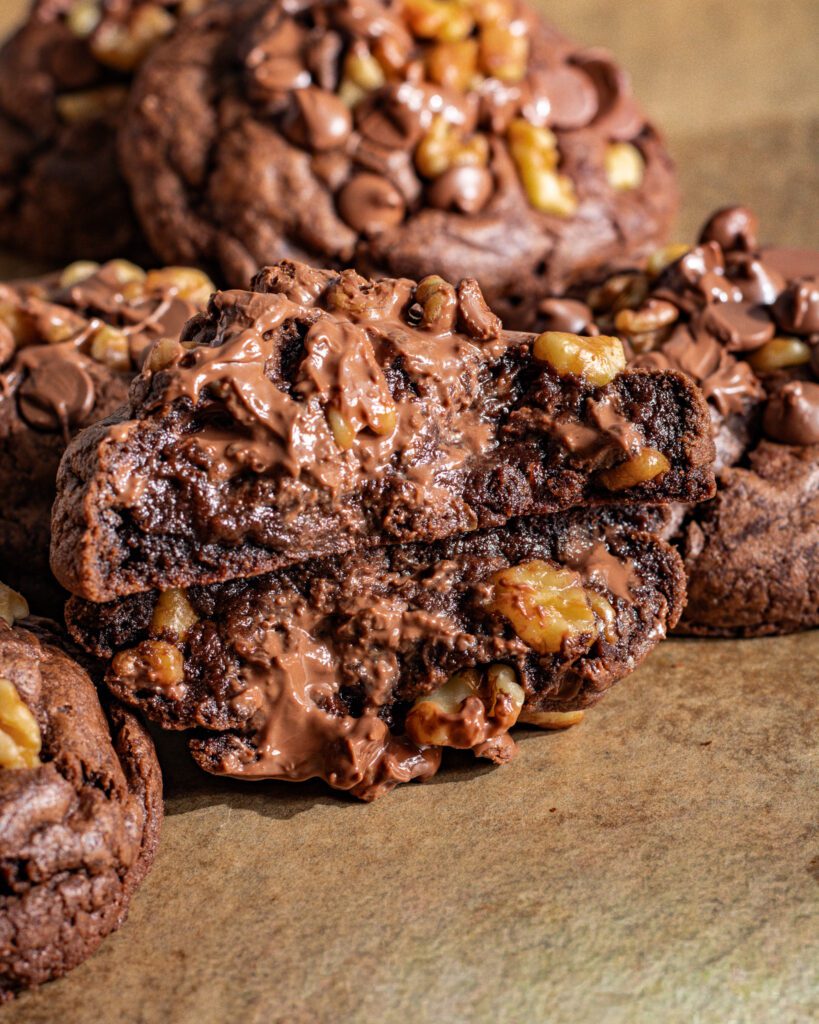 Eggless and vegan Levain style thick chocolate walnut cookies with crunchy walnuts
