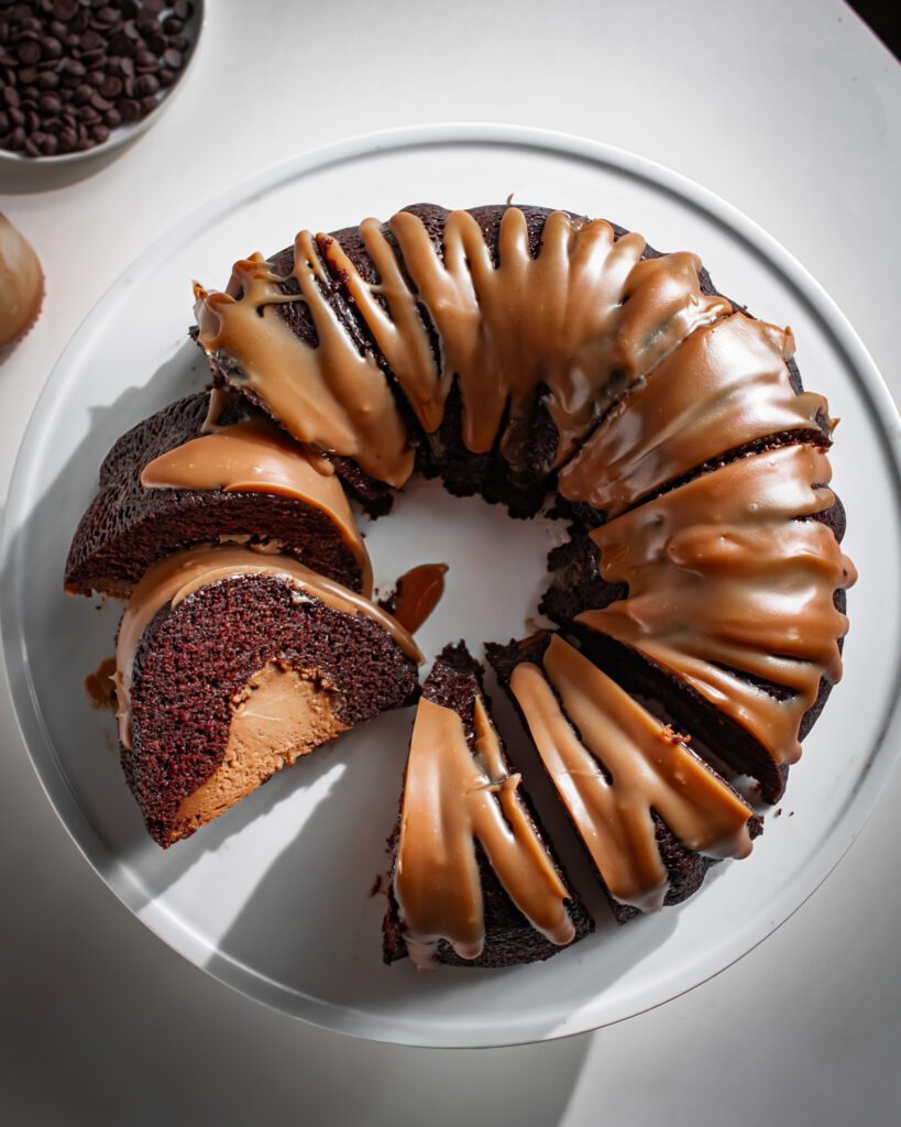 Chocolate bundt cake with silky coffee icing on top