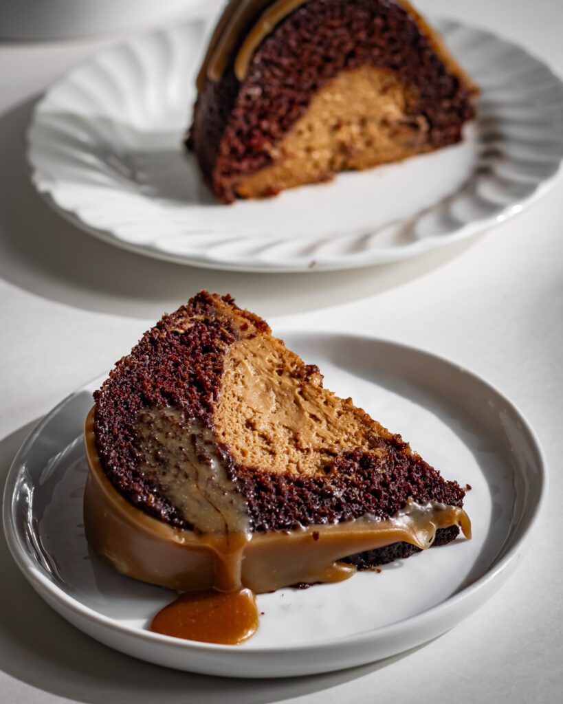 Close-up of moist eggless and vegan chocolate bundt cake