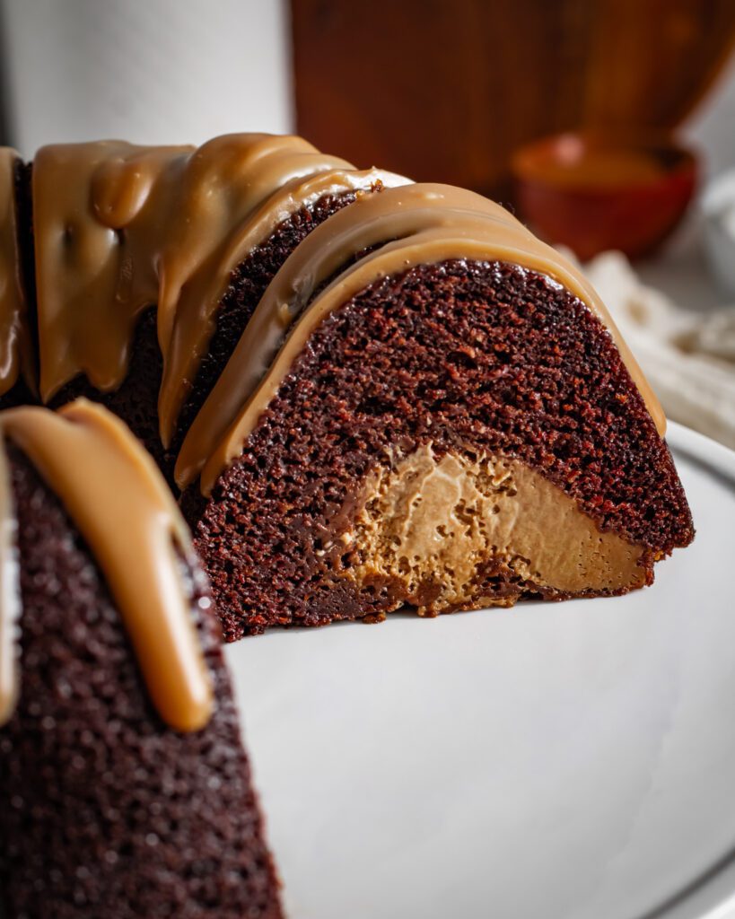Close-up of moist eggless vegan chocolate bundt cake