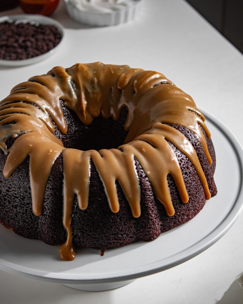 Eggless Vegan chocolate coffee bundt cake with glossy coffee glaze