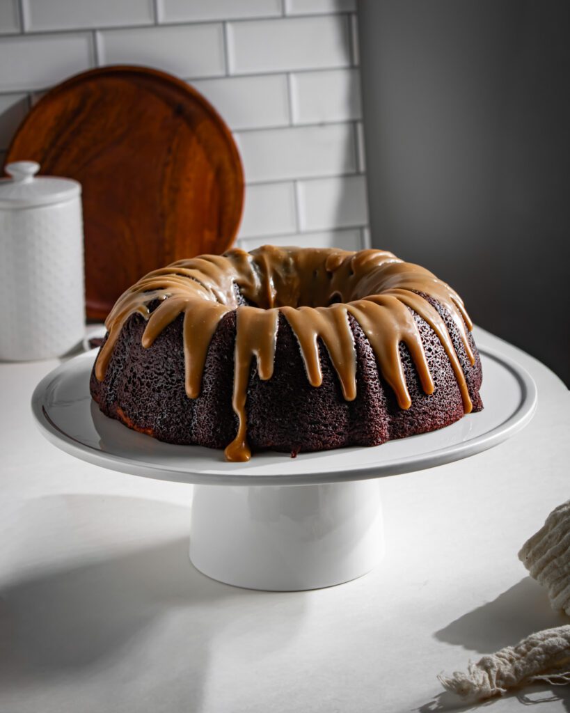 Homemade chocolate coffee bundt cake ready to serve
