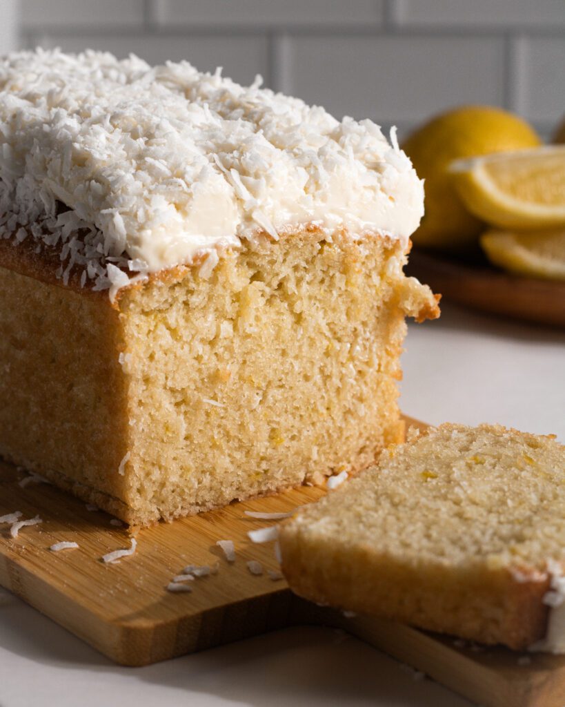 Homemade lemon coconut loaf cake with moist crumb texture