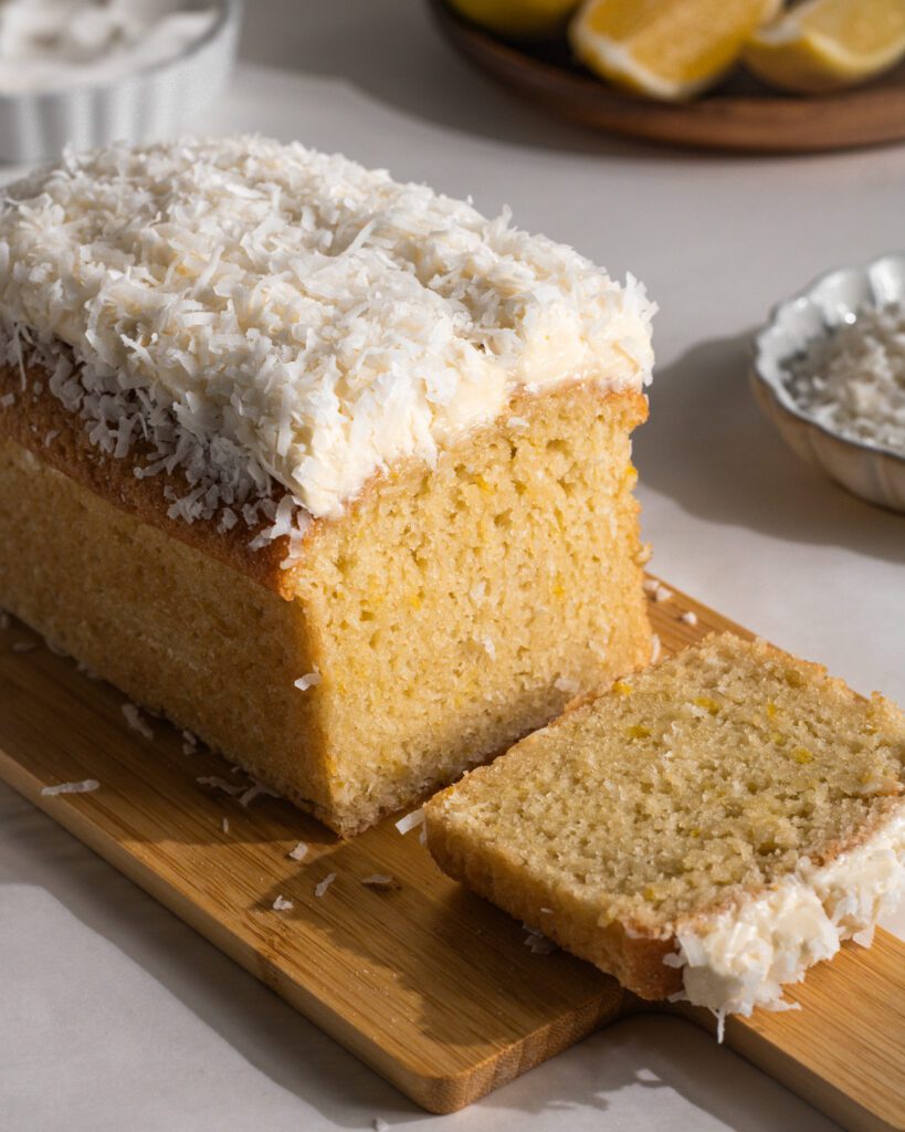 Rich and moist eggless lemon coconut loaf cake from scratch