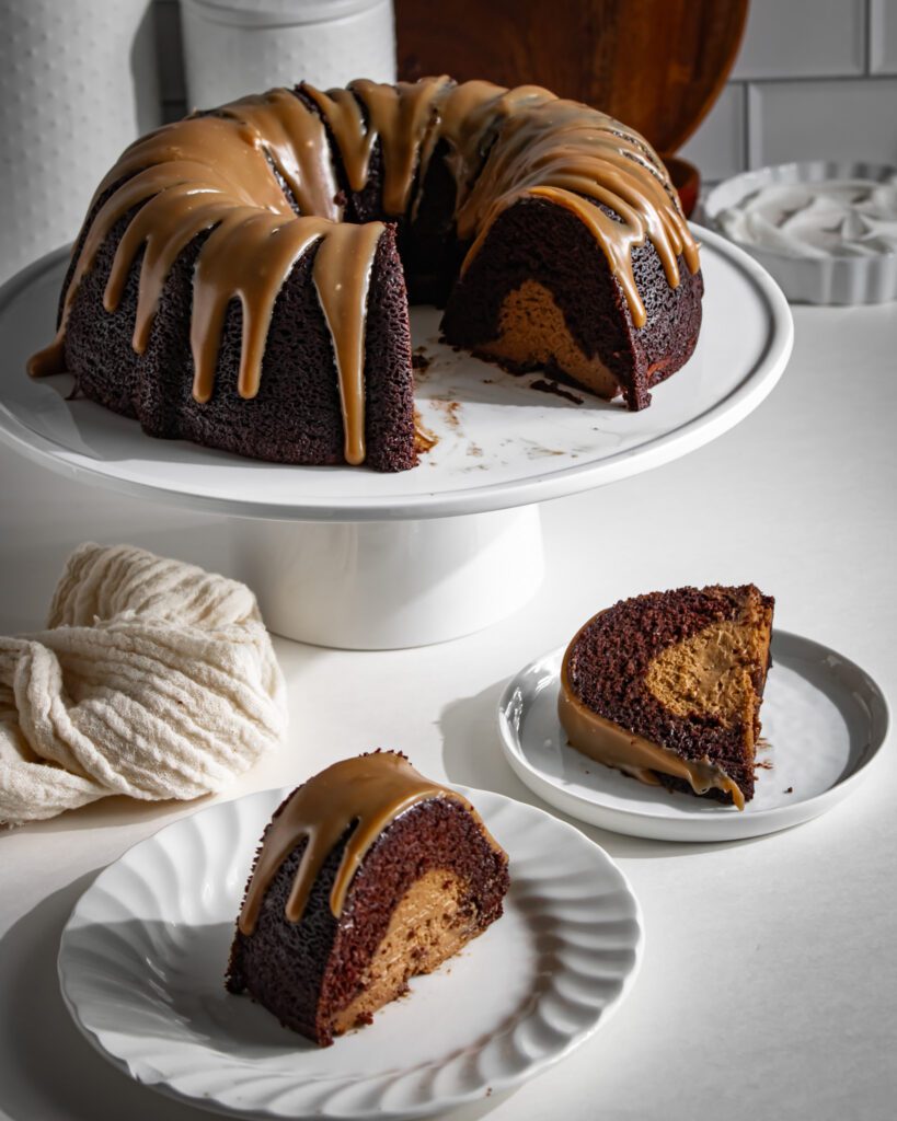 Rich chocolate bundt cake with creamy coffee filling