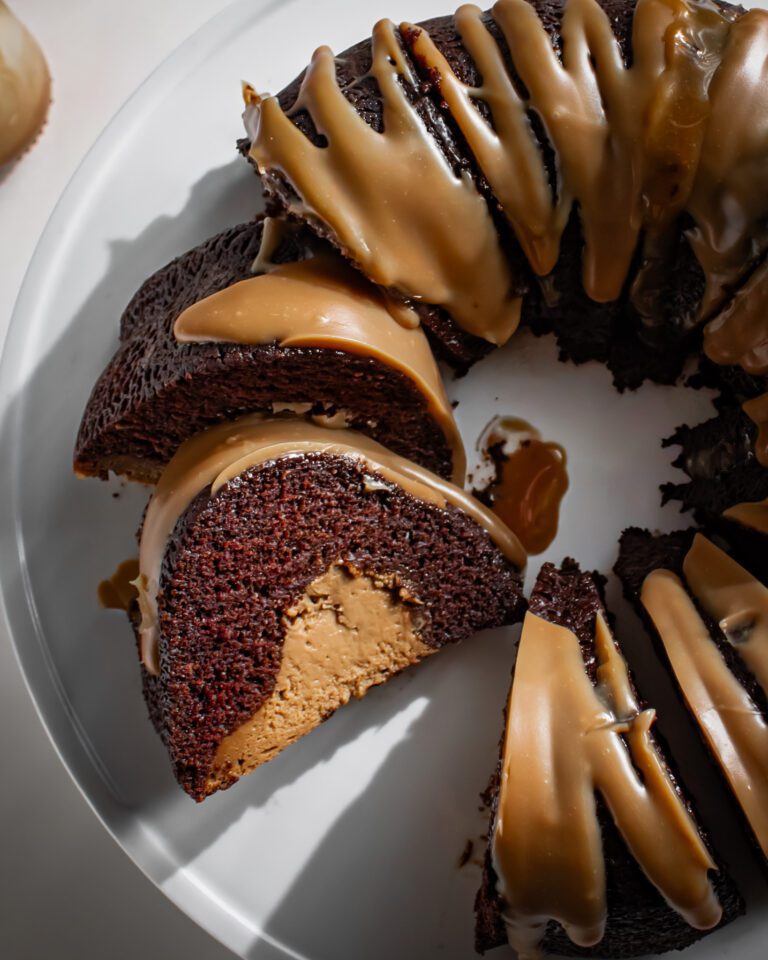 Vegan Chocolate bundt cake with silky coffee icing on top